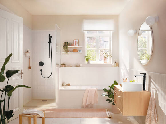 Rebris S exposed installation bath mixer, shower hose.