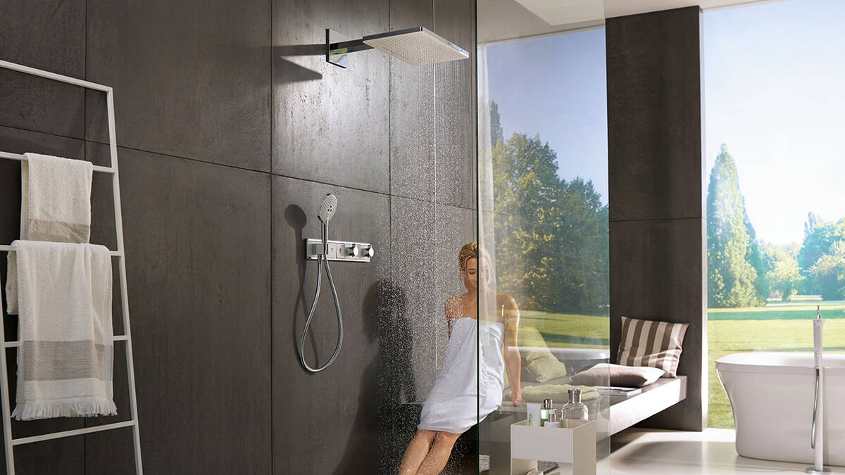 Modern bathroom with walk-in-shower and open architecture. Modern bathroom with walk-in-shower and open architecture.