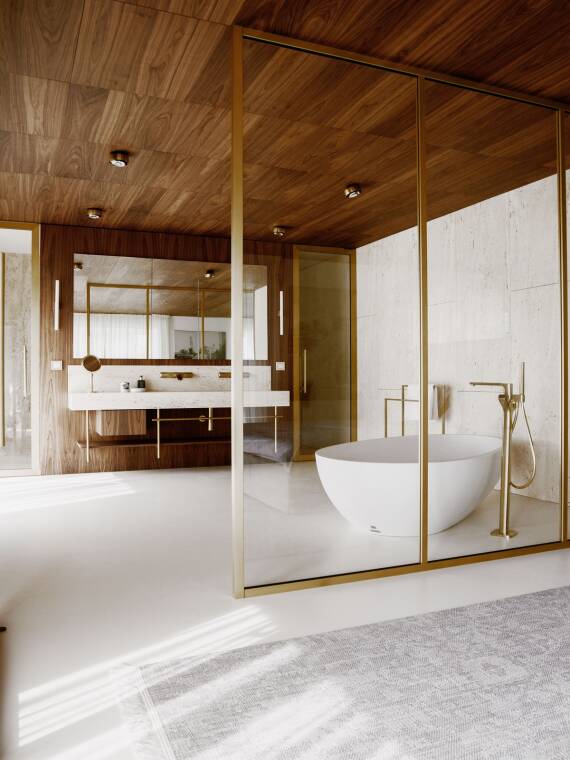 Ensuite bathroom - separated with brass framed glass walls. Ensuite bathroom - separated with brass framed glass walls.