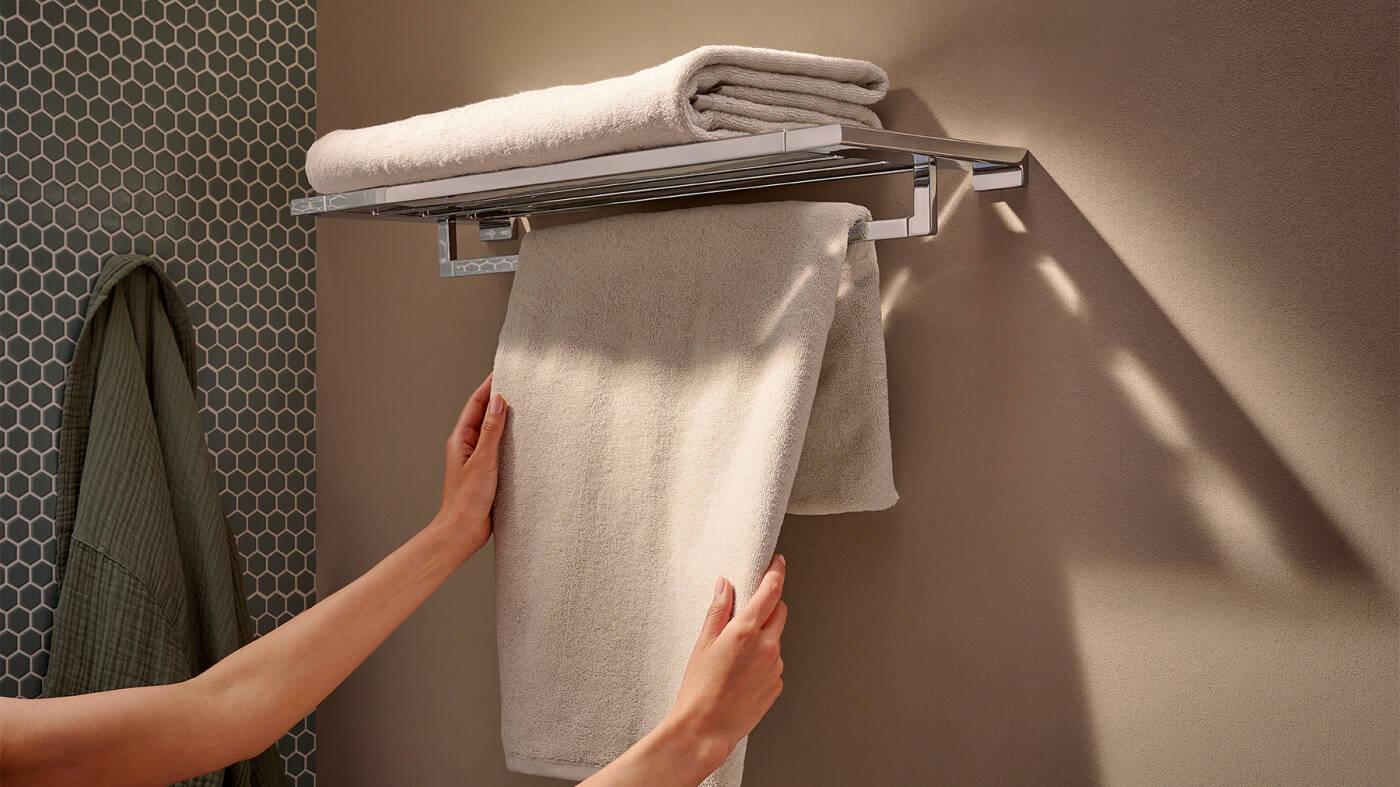 The AddStoris Q towel rack with towel holder.