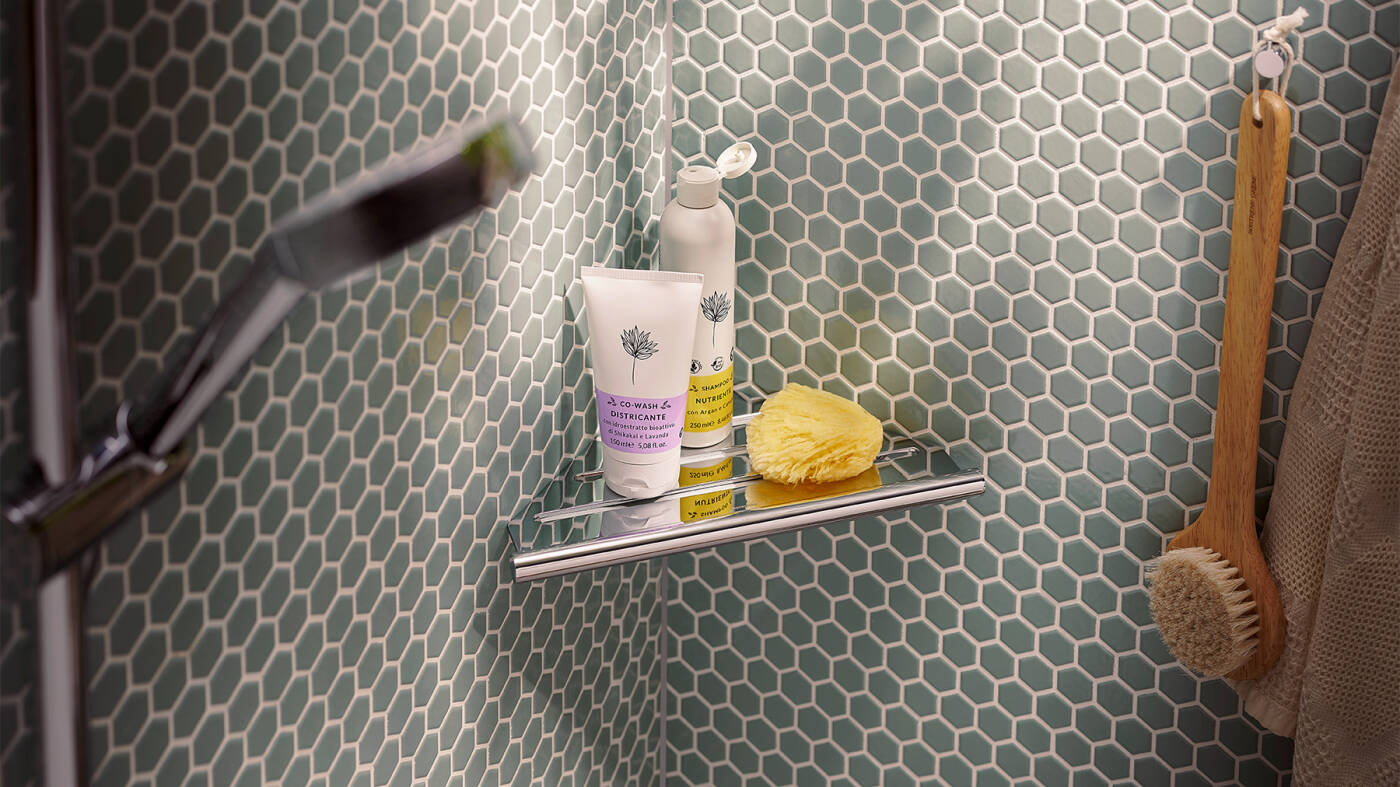 AddStoris S corner basket in the shower.