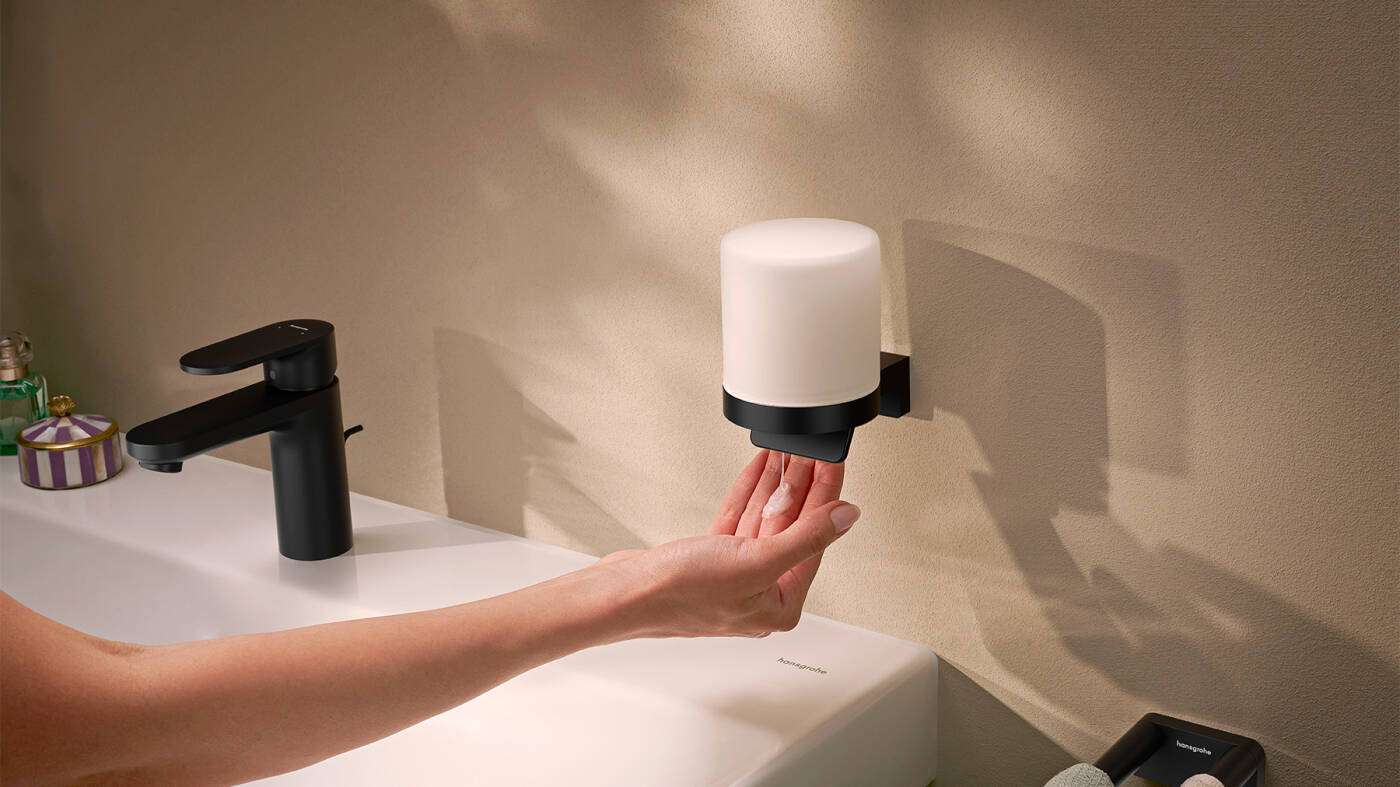 AddStoris S liquid soap dispenser operated from below.