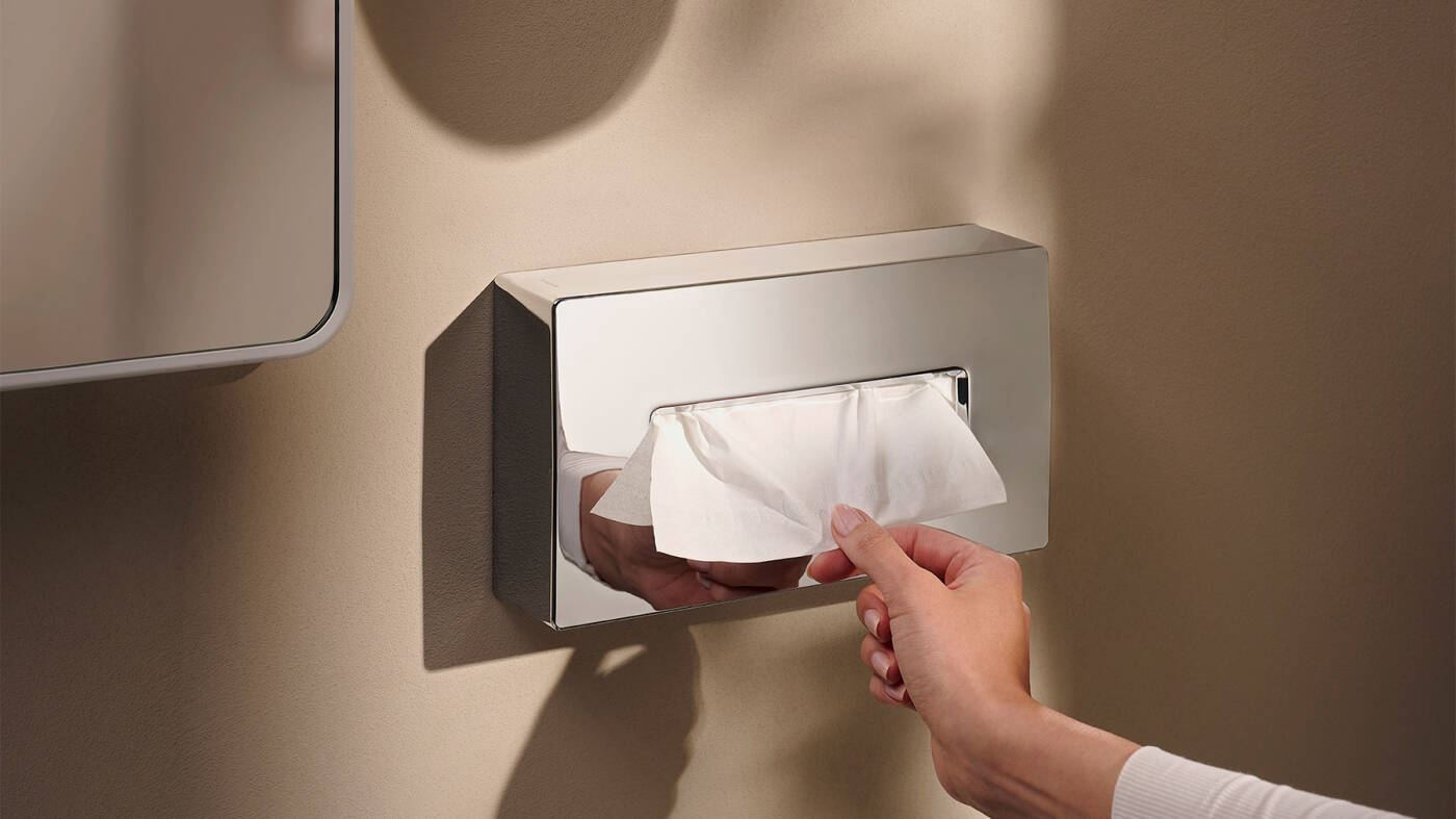 Wall-mounted box for tissues.