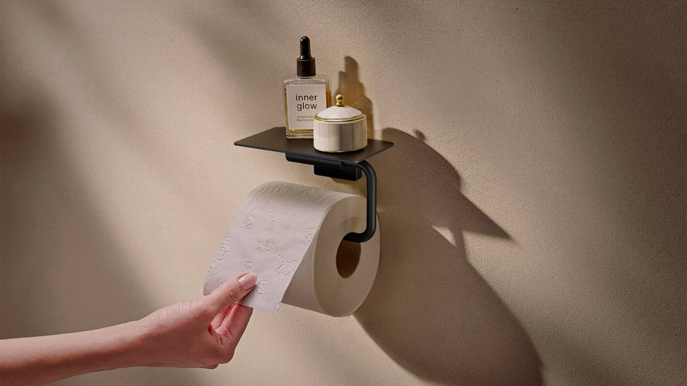 AddStoris S toilet paper holder with shelf.