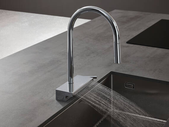 Aquno Select faucet with PowderSpray functionality in a modern kitchen.