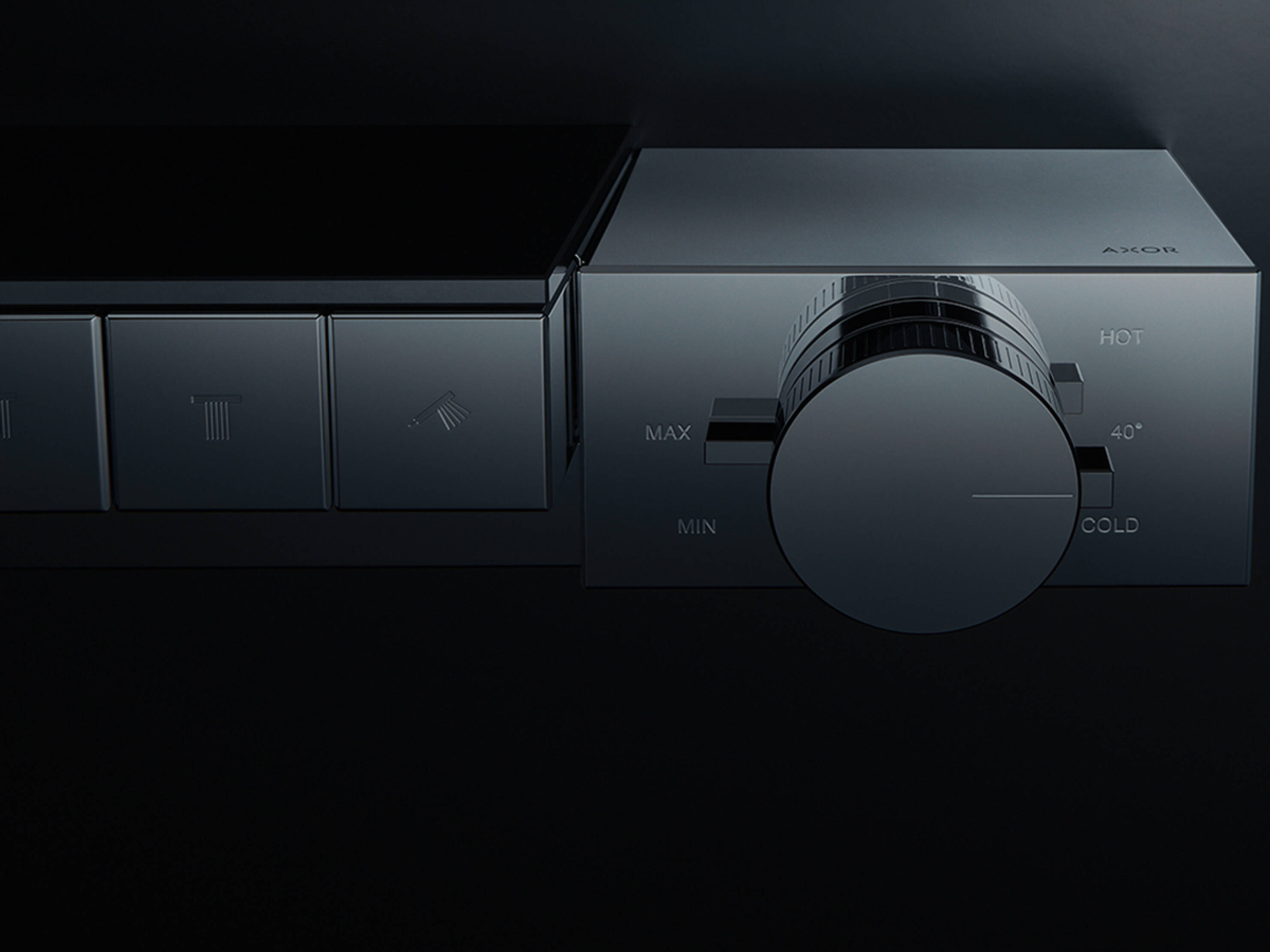 AXOR Edge exposed thermostat with knob and Select buttons. AXOR Edge exposed thermostat with knob and Select buttons.