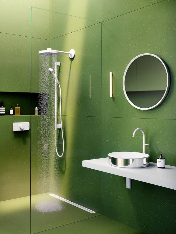 Bathroom Concept Skyline by Barber Osgerby with AXOR One and AXOR Universal Accessories in Matt White Bathroom Concept Skyline by Barber Osgerby with AXOR One and AXOR Universal Accessories in Matt White