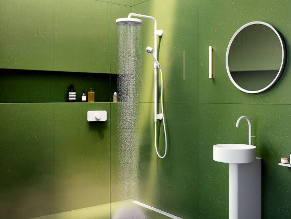 Bathroom Concept Skyline von Barber Osgerby – mit AXOR One und AXOR Universal Accessories in Matt White.