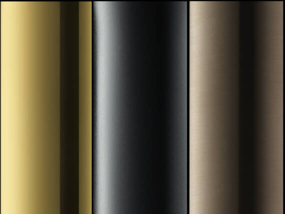 Nahaufnahme von AXOR Signature Oberflächen in verschiedenen Ausführungen: Polished Gold Optic, Matte Black, and Brushed Bronze.