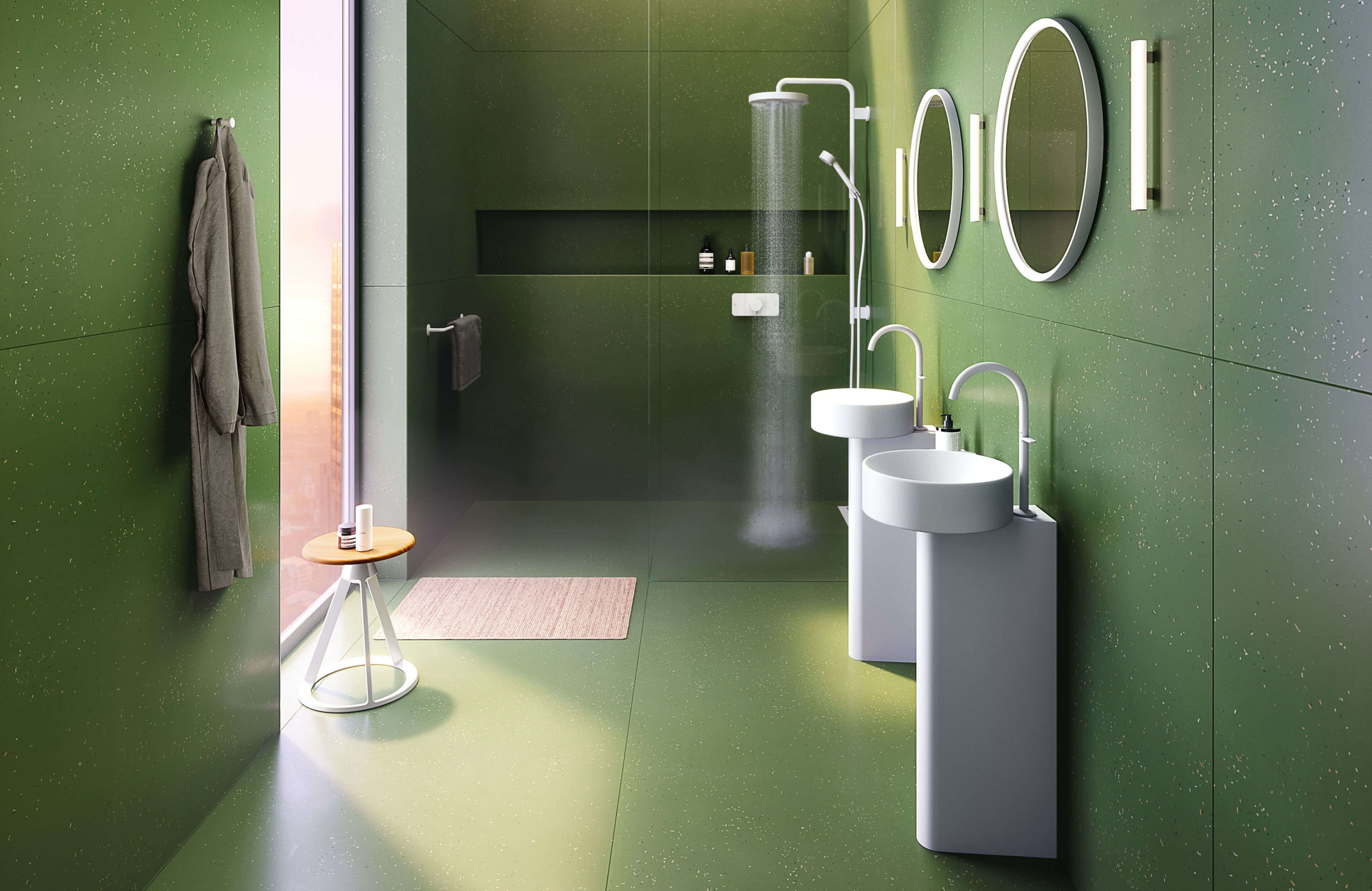 A picture of the Skyline bathroom concept by Barber Osgerby, featuring AXOR One and AXOR Universal Circular in Matt White