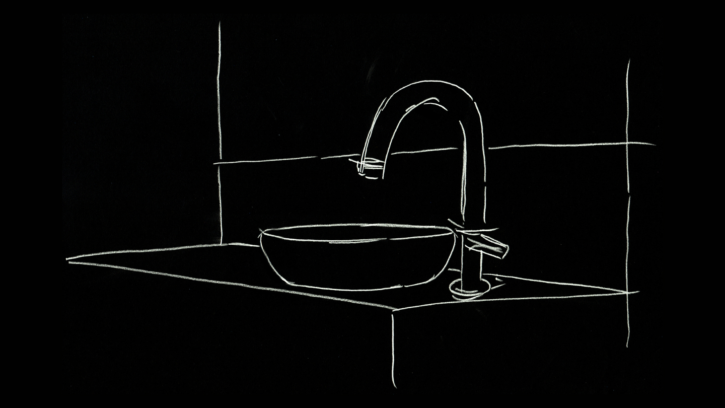 A sketch of a bathroom faucet, washbowl and countertop.