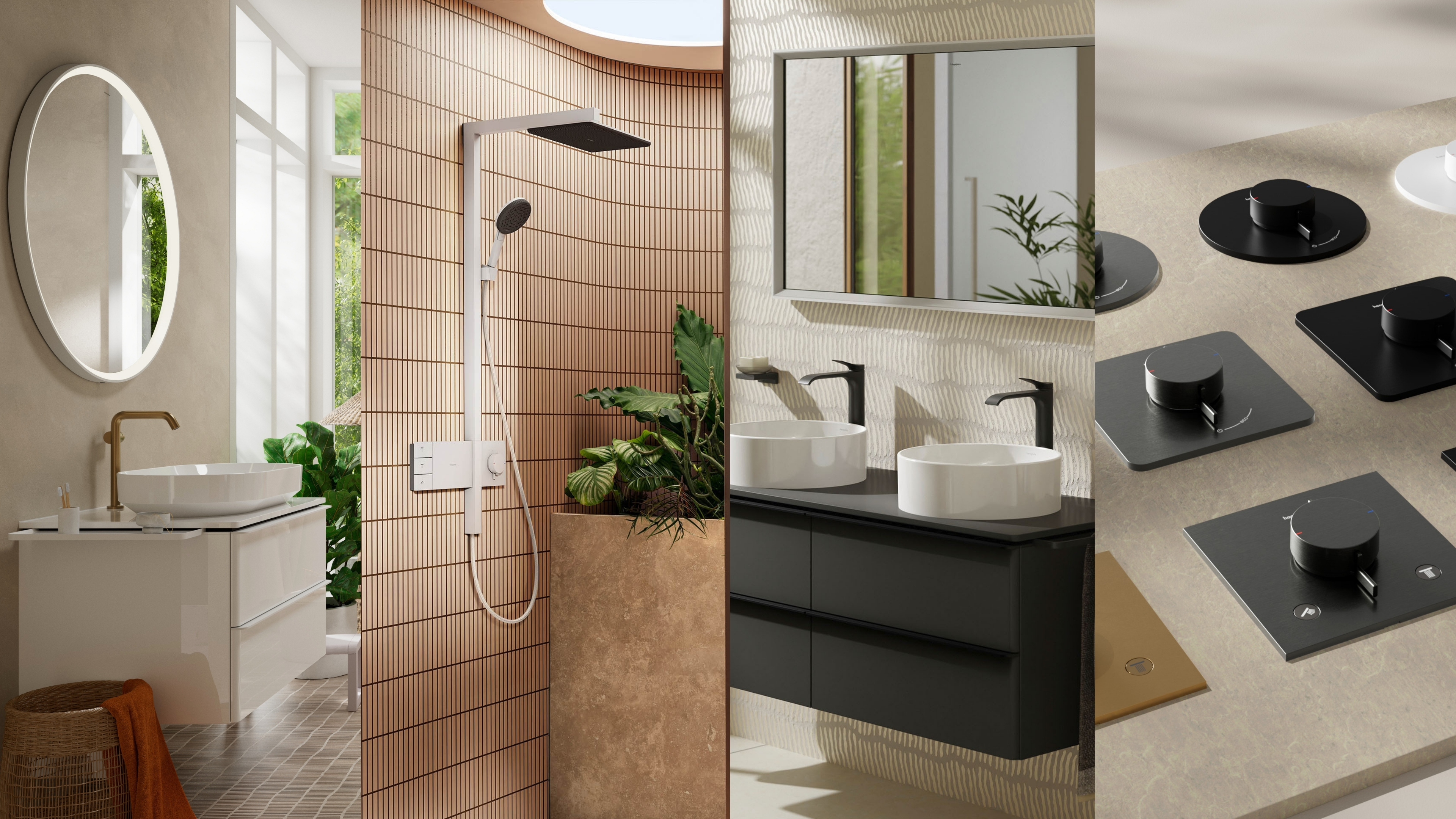 collage van sfeerbeelden met gekleurd sanitair van hansgrohe