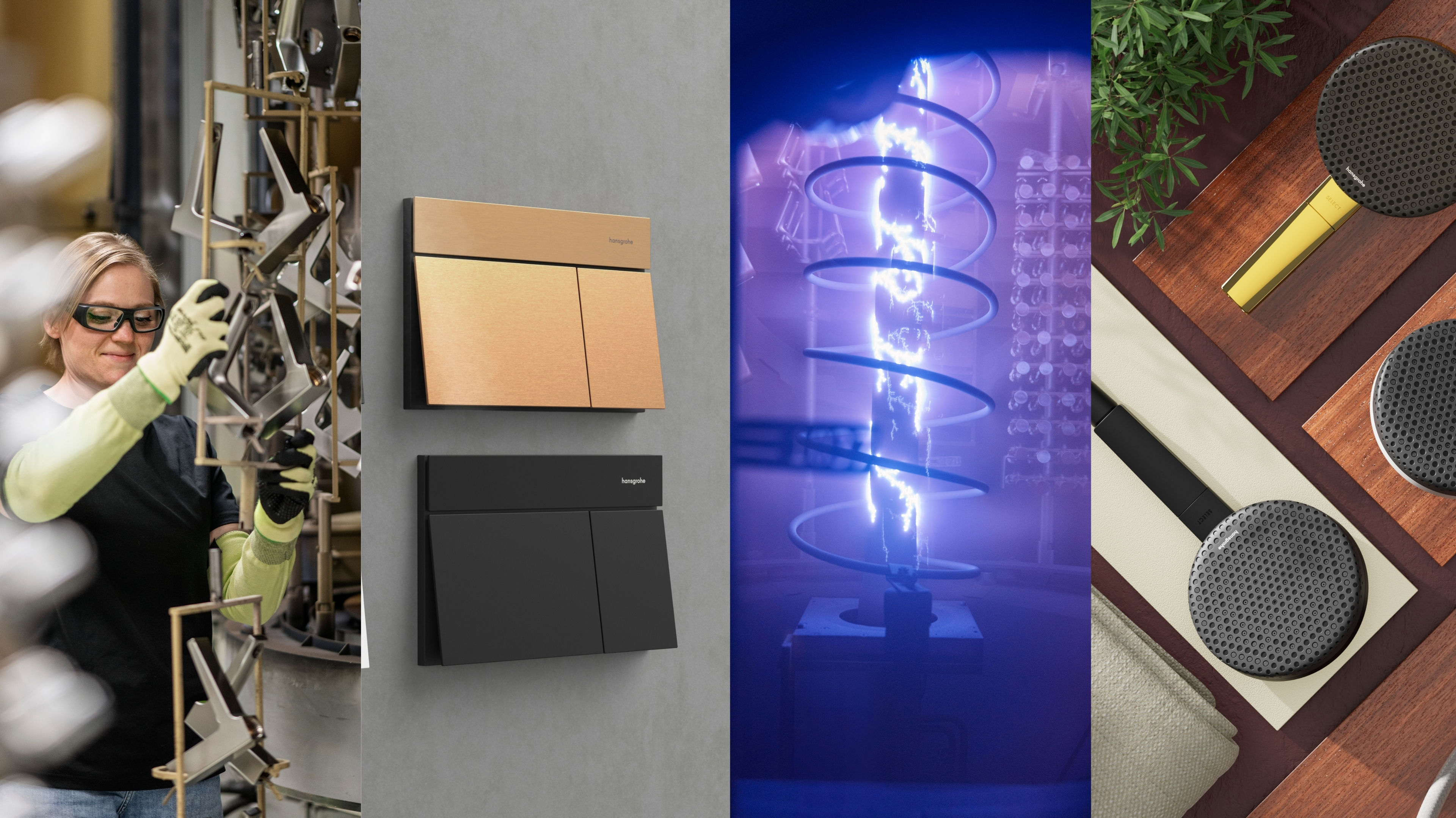 Collage van technologie en kleurmogelijkheden van hansgrohe FinishPlus sanitair