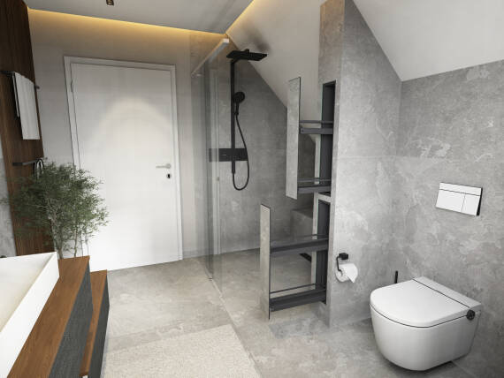 Begehbare Dusche im Bad mit Dachschräge.