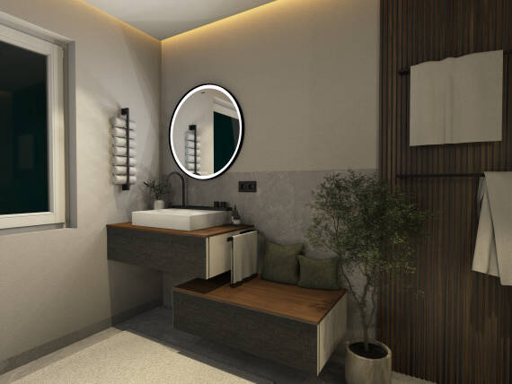 Waschbecken mit großem LED-Spiegel an gerader Wand.