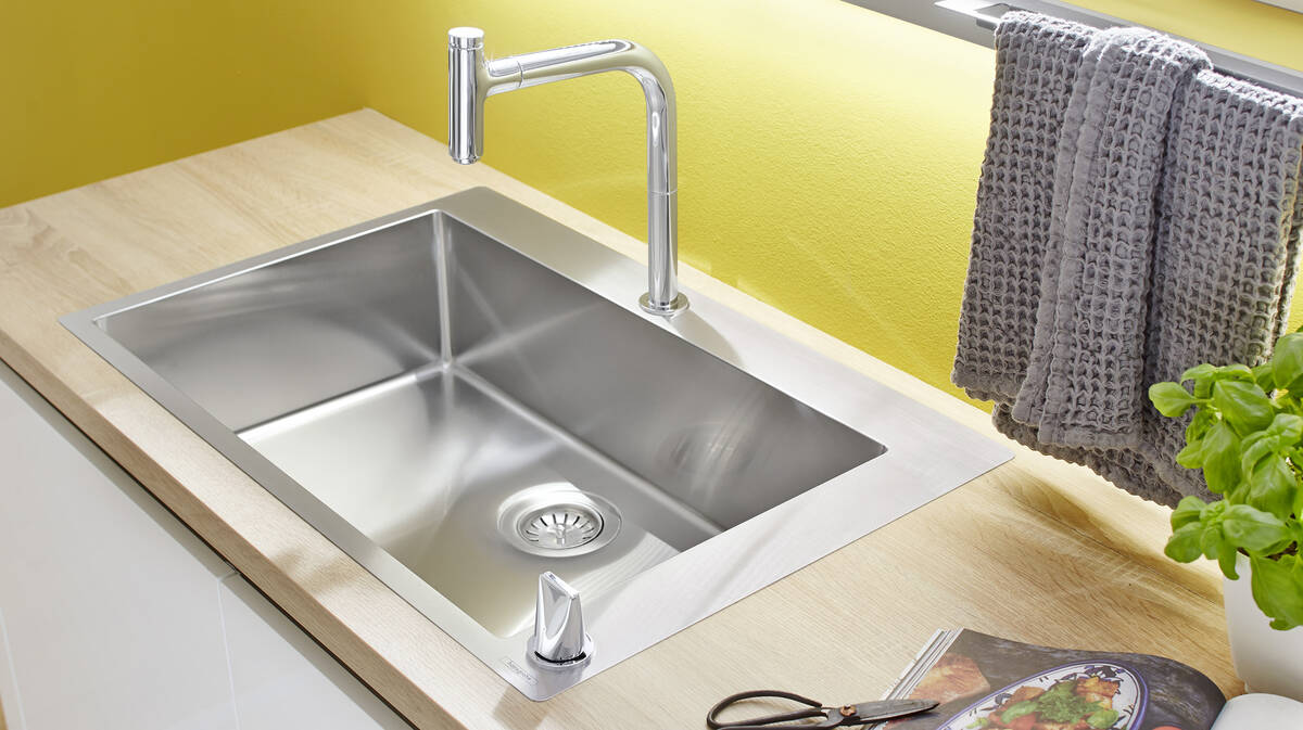 High-end stainless steel sink in the family-friendly kitchen.