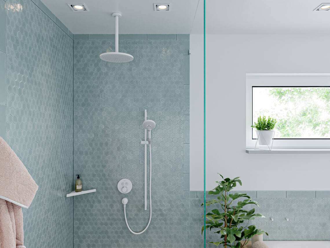 Set de ducha Showerpipe con ShowerTablet blanco/cromo Hansgrohe