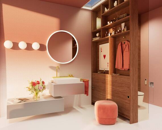 Bad mit Regal als Raumteiler und integriertem WC.