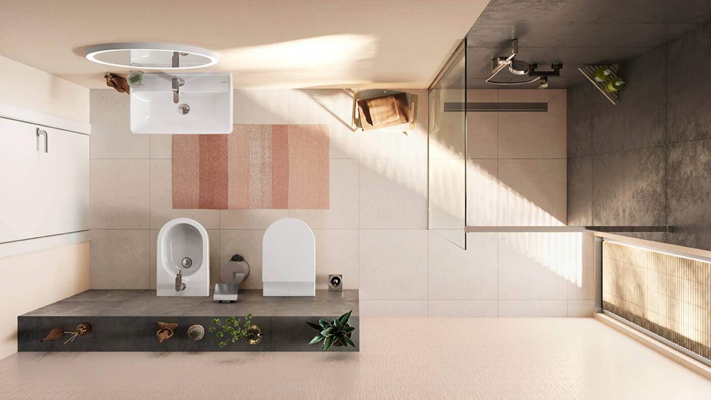 Inodoro EluPura Original S y bidé mural en el baño de invitados.