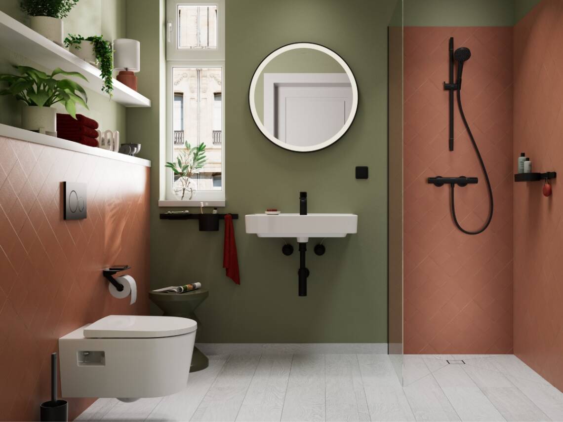 EluPura toilet matches the hansgrohe wash basin and mirror.