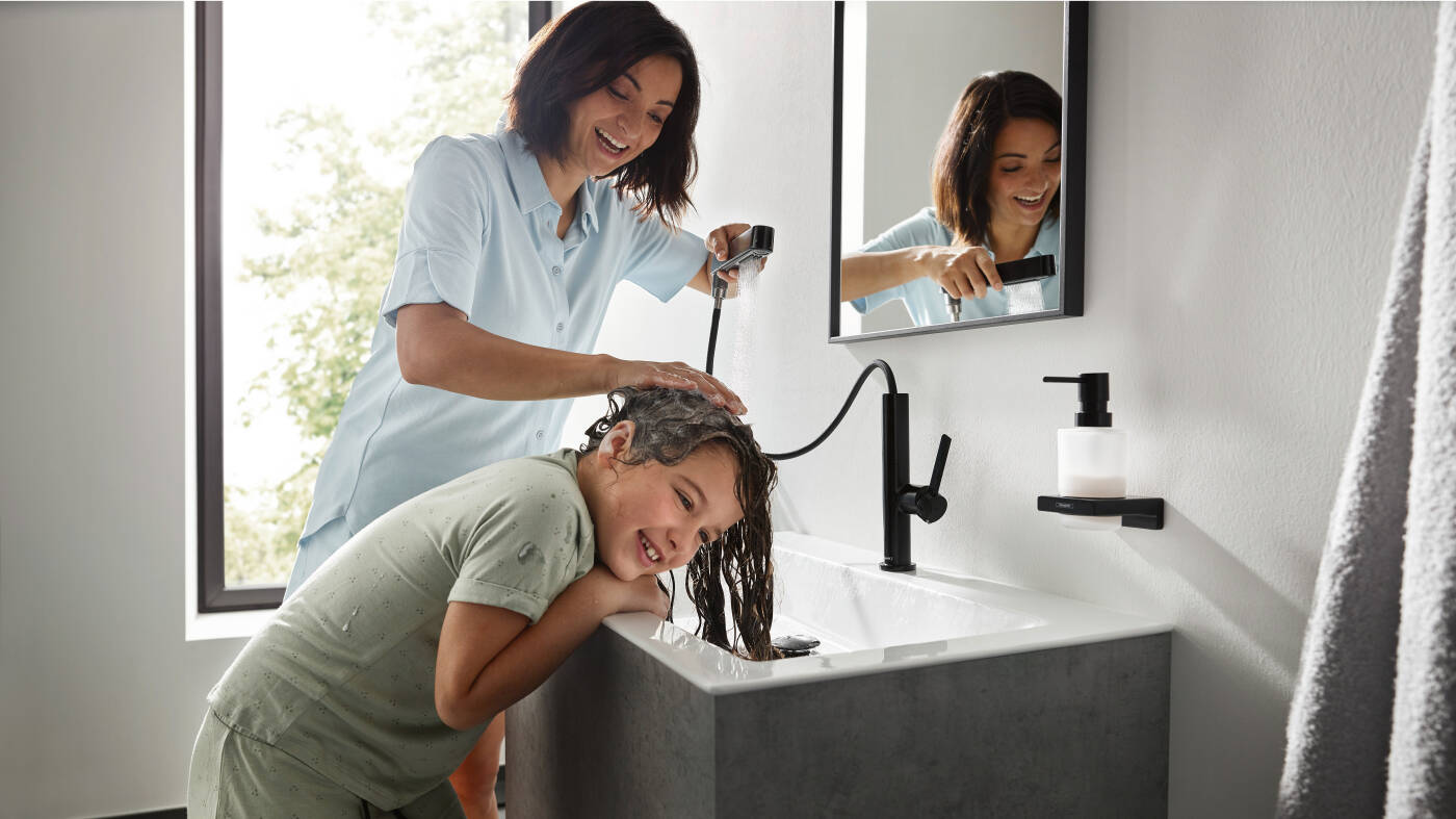 Matte black faucet for washing your hair at the sink.