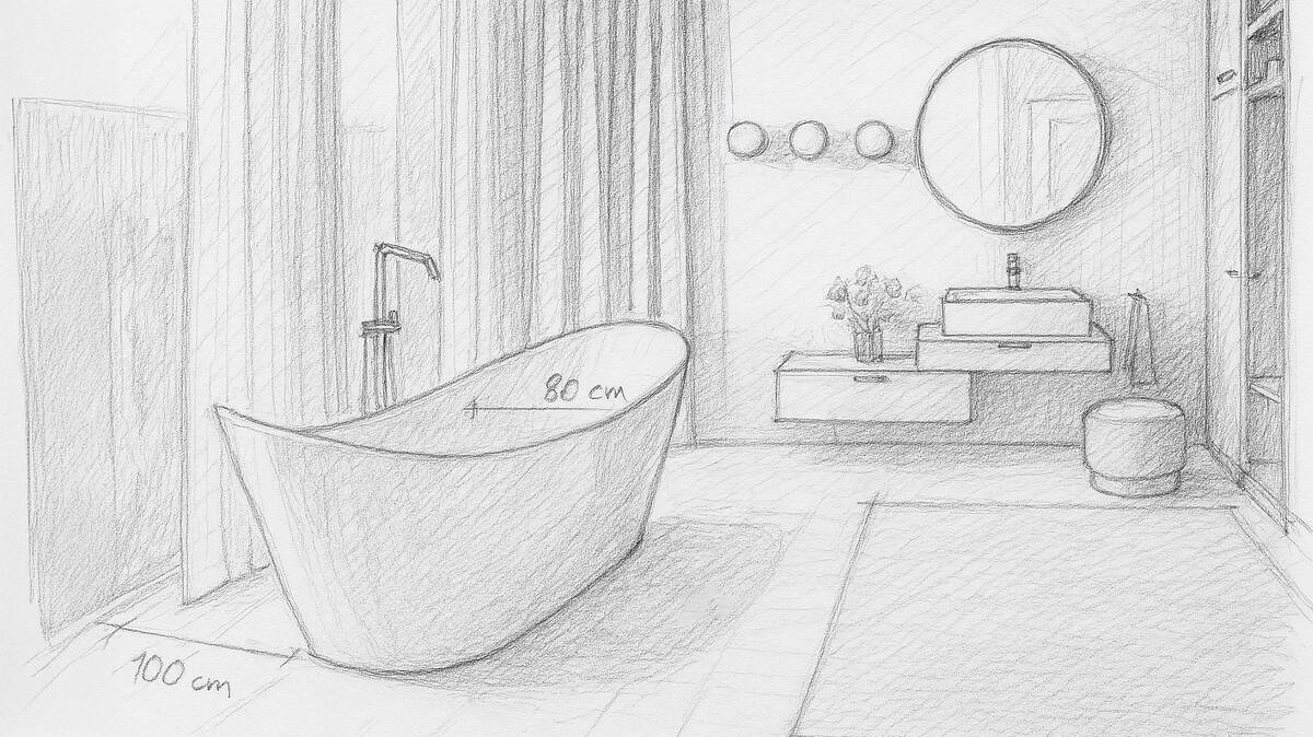 Croquis d’une salle de bains avec baignoire en îlot.