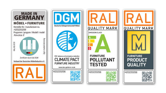 Environmental and quality seal for hansgrohe bathroom furniture.