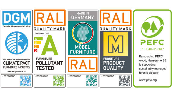Label environnemental et qualité pour les meubles de salles de bains hansgrohe.