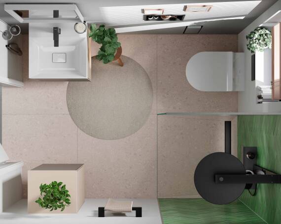 Bad-Grundriss mit Glas-Trennwand für Dusche.