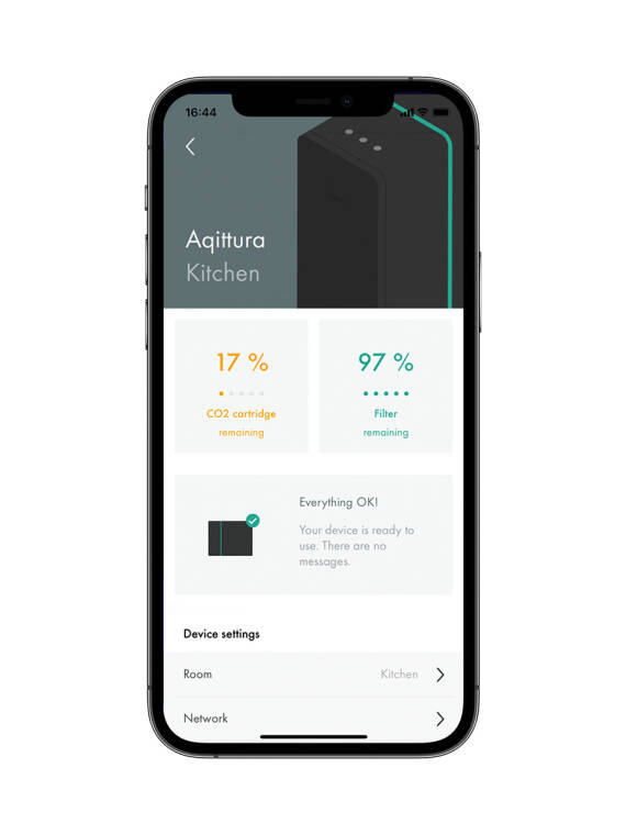 Zobrazení stavu náplně kuchyňské baterie v aplikaci hansgrohe home.