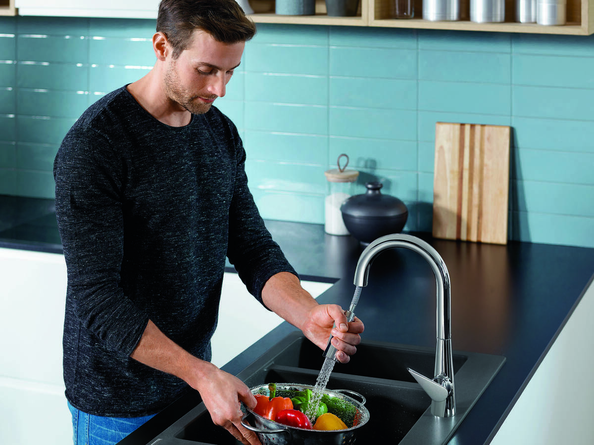 Tap with a high arc spout and large handle.