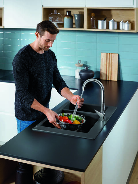 Tap with a high arc spout and large handle.