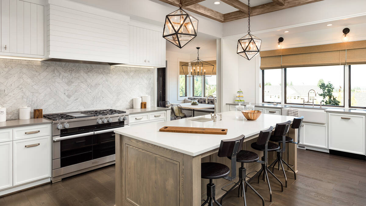 Kitchen island with pendant lamps
