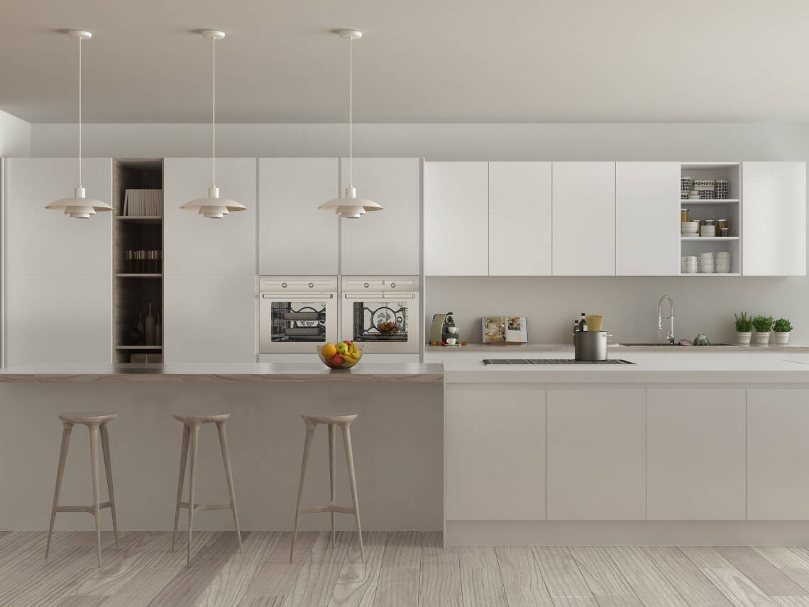 Light cabinets, gray wooden floor and gray stools