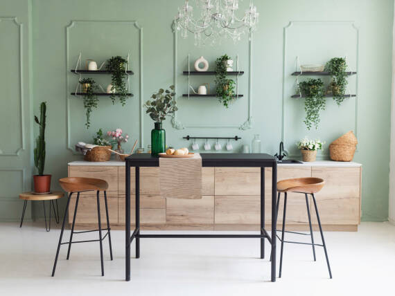 Wood fronts, white floors, and a mint-colored wall.