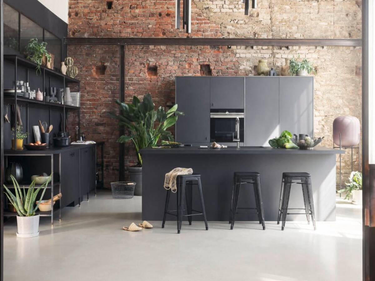 Dunkle Industrial-Küche mit Pflanzen.