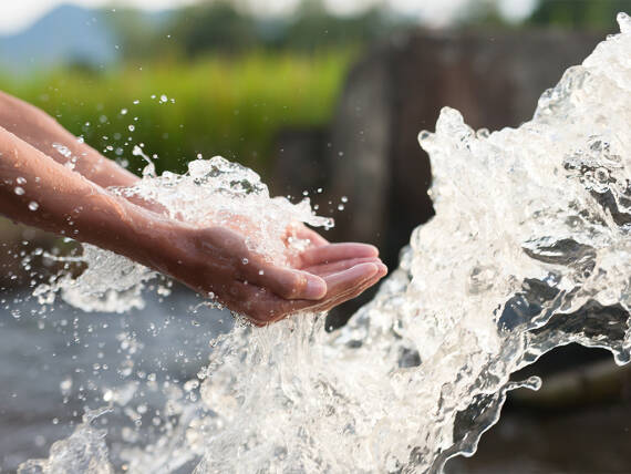 Hand fängt Wasser am Bach auf.