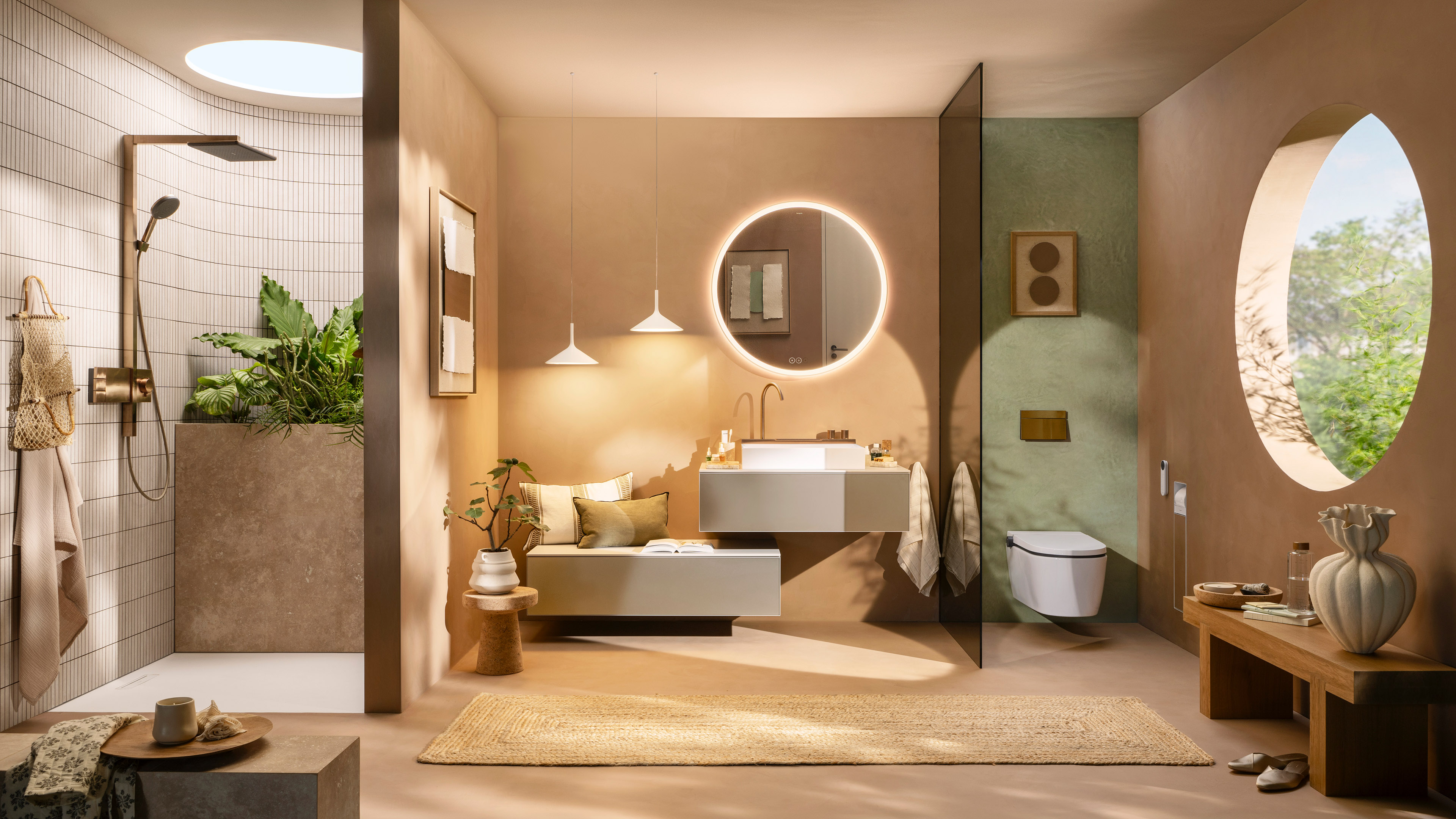 Un uomo progetta il suo bagno da sogno con l’hansgrohe Inspirator Tool.
