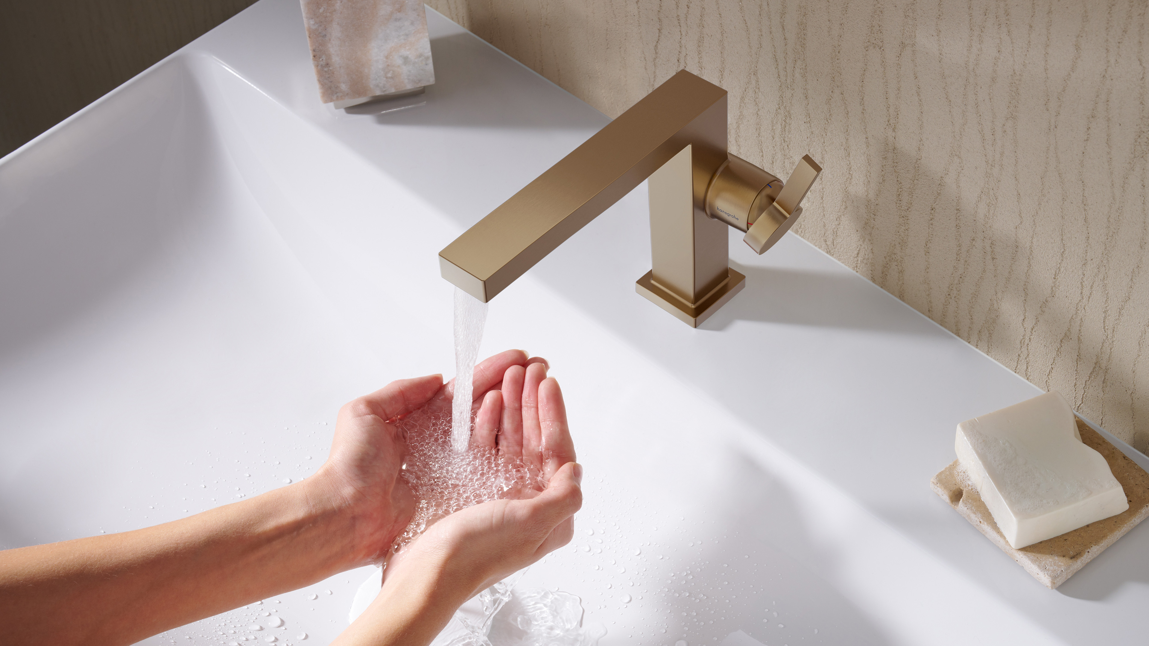 Rebris lavatory faucet in operation.