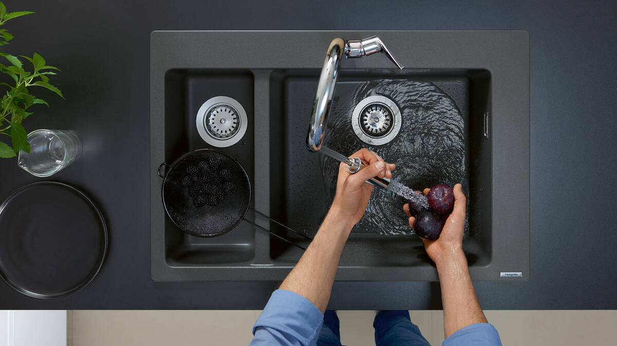 hansgrohe SilicaTec granite kitchen sink in Graphite Black. hansgrohe SilicaTec granite kitchen sink in Graphite Black.