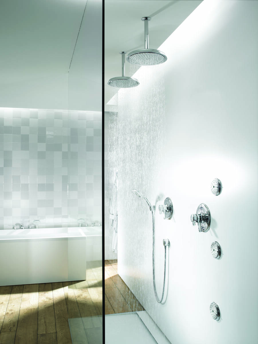 Bathroom in minimalist style with wide window's looking out into the garden. Bathroom in minimalist style with wide window's looking out into the garden.