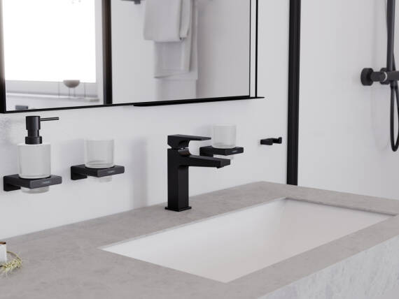 XtraStoris shower niches with bronze-colored frames.