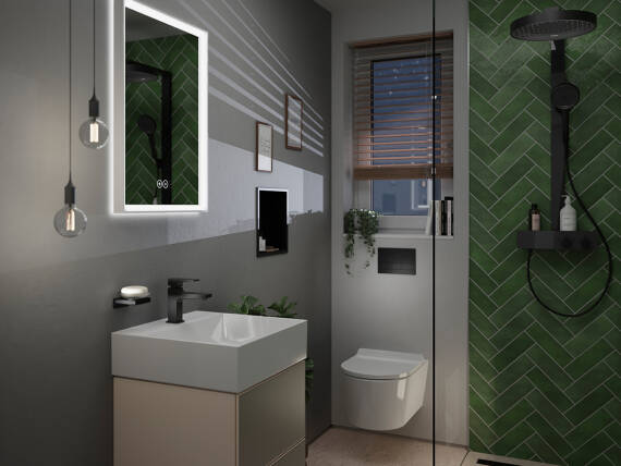 Bad mit Glas-Trennwand zwischen Dusche und WC.