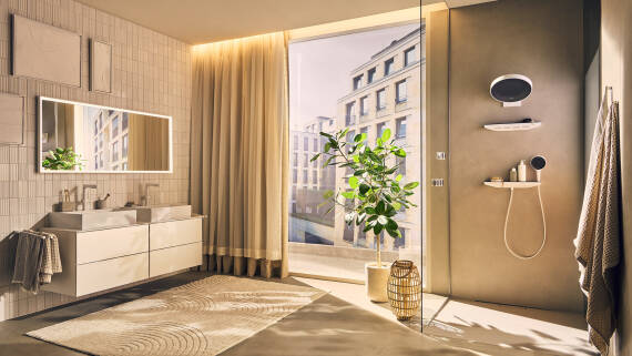 Salle de bains hansgrohe équipé du système de douche Rainfinity.