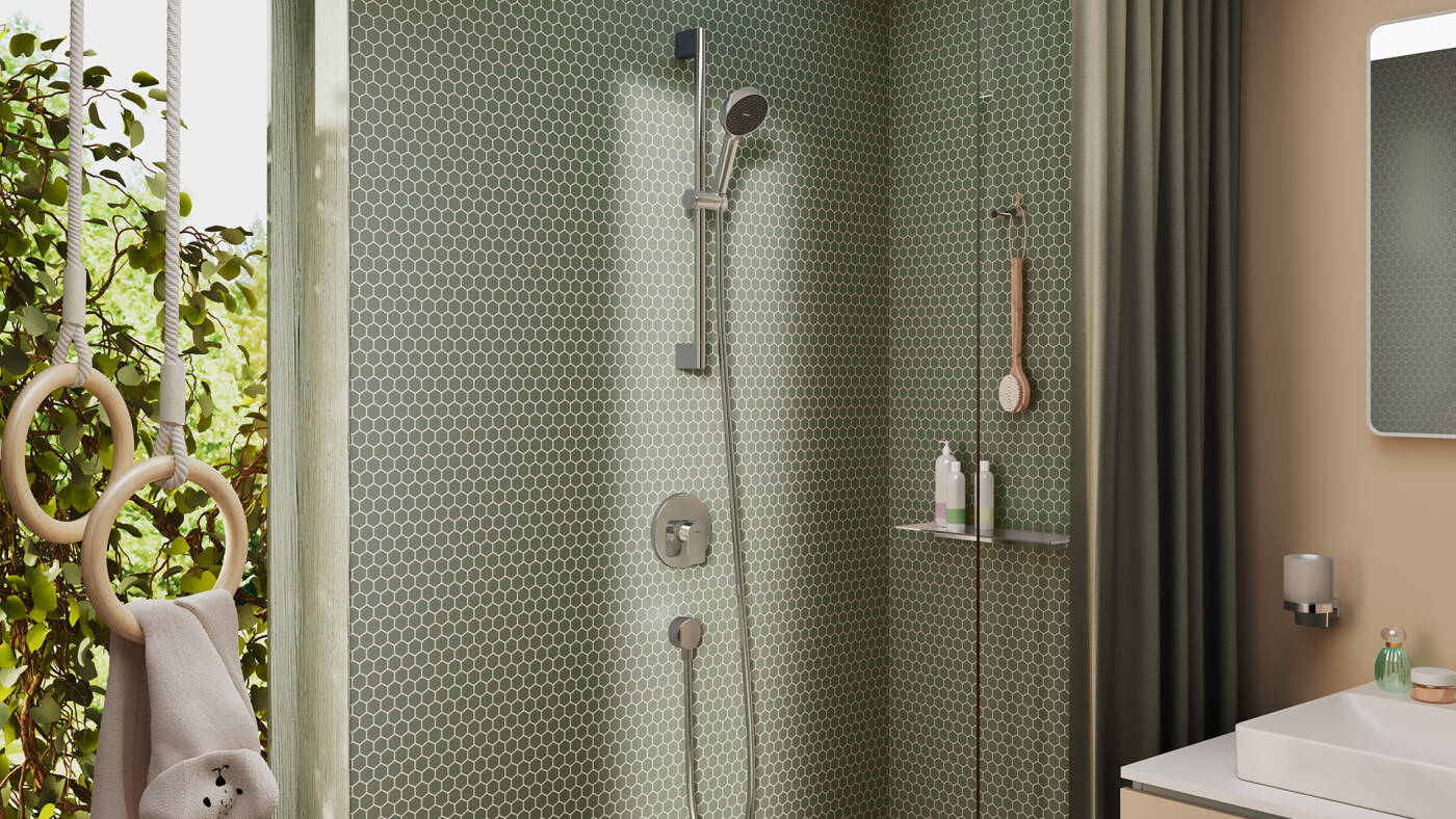 Neovis Q shower faucet combined with a shower set.