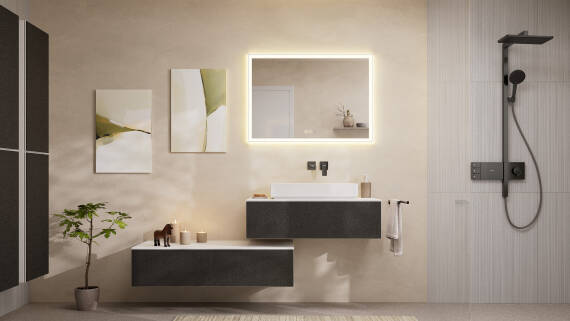 Volledig met hansgrohe ingerichte droombadkamer in Brushed Black Chrome.