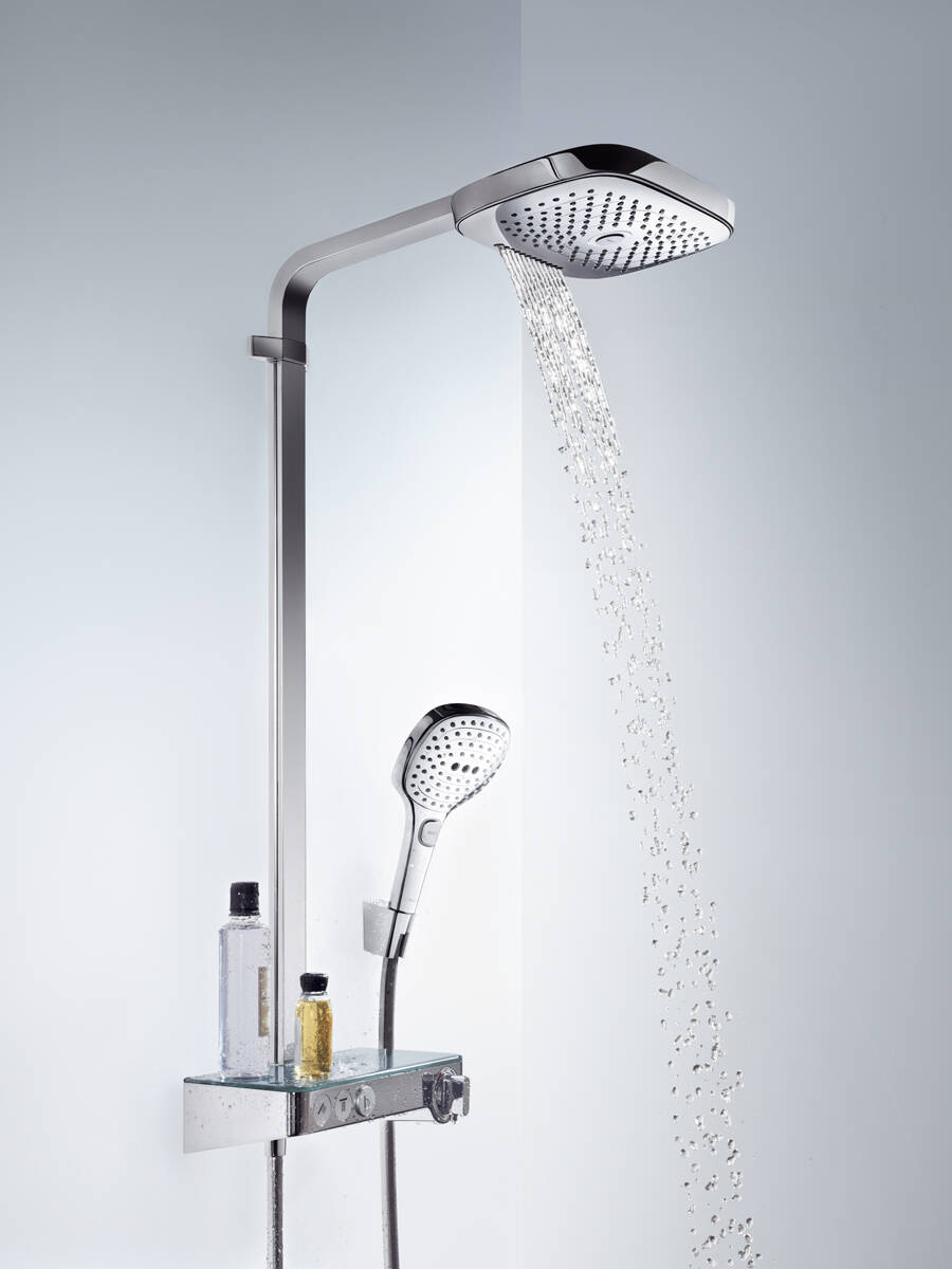 Душевая хром. Хансгрое Рейнданс. Смеситель для душа Hansgrohe Raindance select e 27038400 однорычажный с термостатом лейка в комплекте двухцветный. Хансгрое душевая. Шведская стойка Hansgrohe.