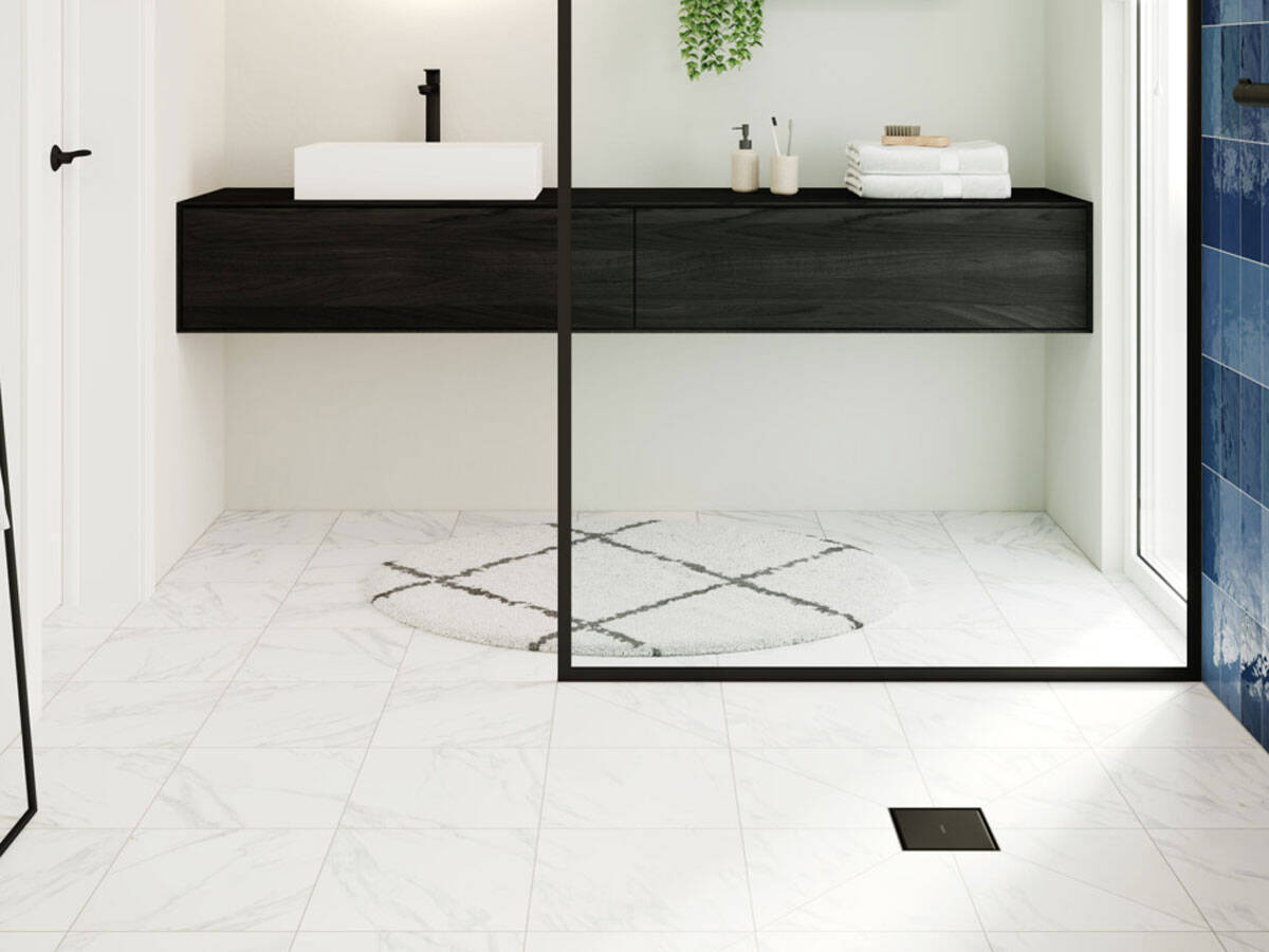 RainDrain Point, drain in floor-level shower.