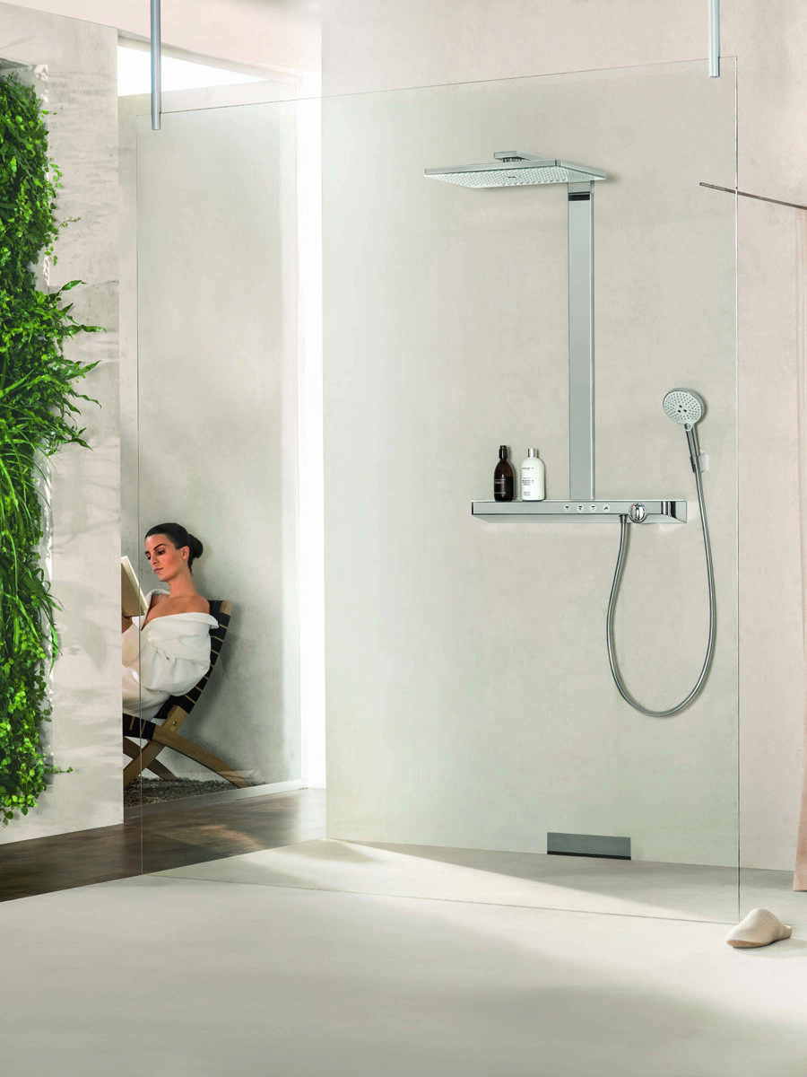 Colonne de douche sans robinetterie avec douchette 3 jets + flexible +  barre réglable, chrome, Hansgrohe Reno 220 surface