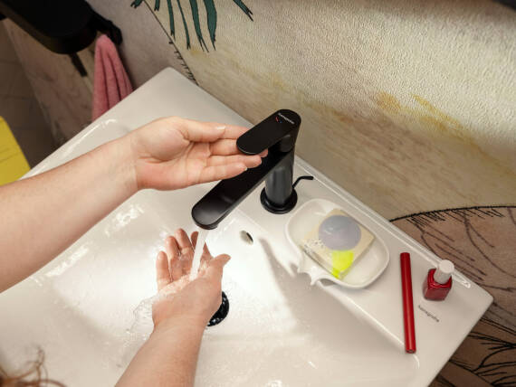 The hansgrohe CoolStart faucet always starts cool.